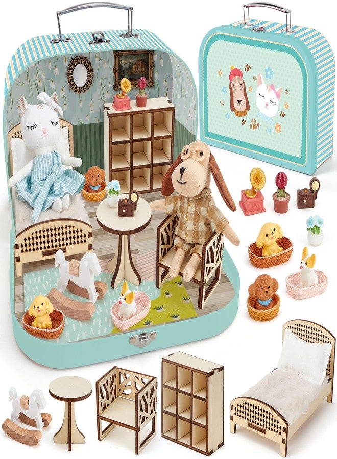 TUZT Bedroom Dollhouse Suitcase - Portable Playset with 21 PCS Wooden Furniture, Adorable Animal Dolls & Pet Kennels, Fold-and-Go Design for Travel, Creative Gift for Kids 3-8 Years - Image 1